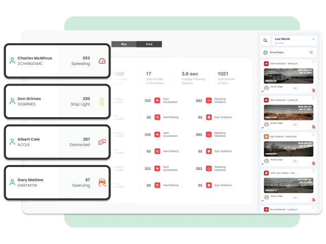 Advance AI dashboard full of statistics and data showing compliance violations. Manage your fleet from anywhere