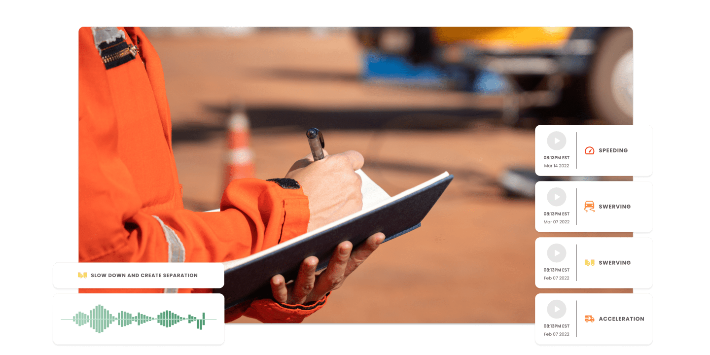 Man in orange construction worker outfit writing on a clipboard with a blurred background. Fleet vehicle compliance solutions