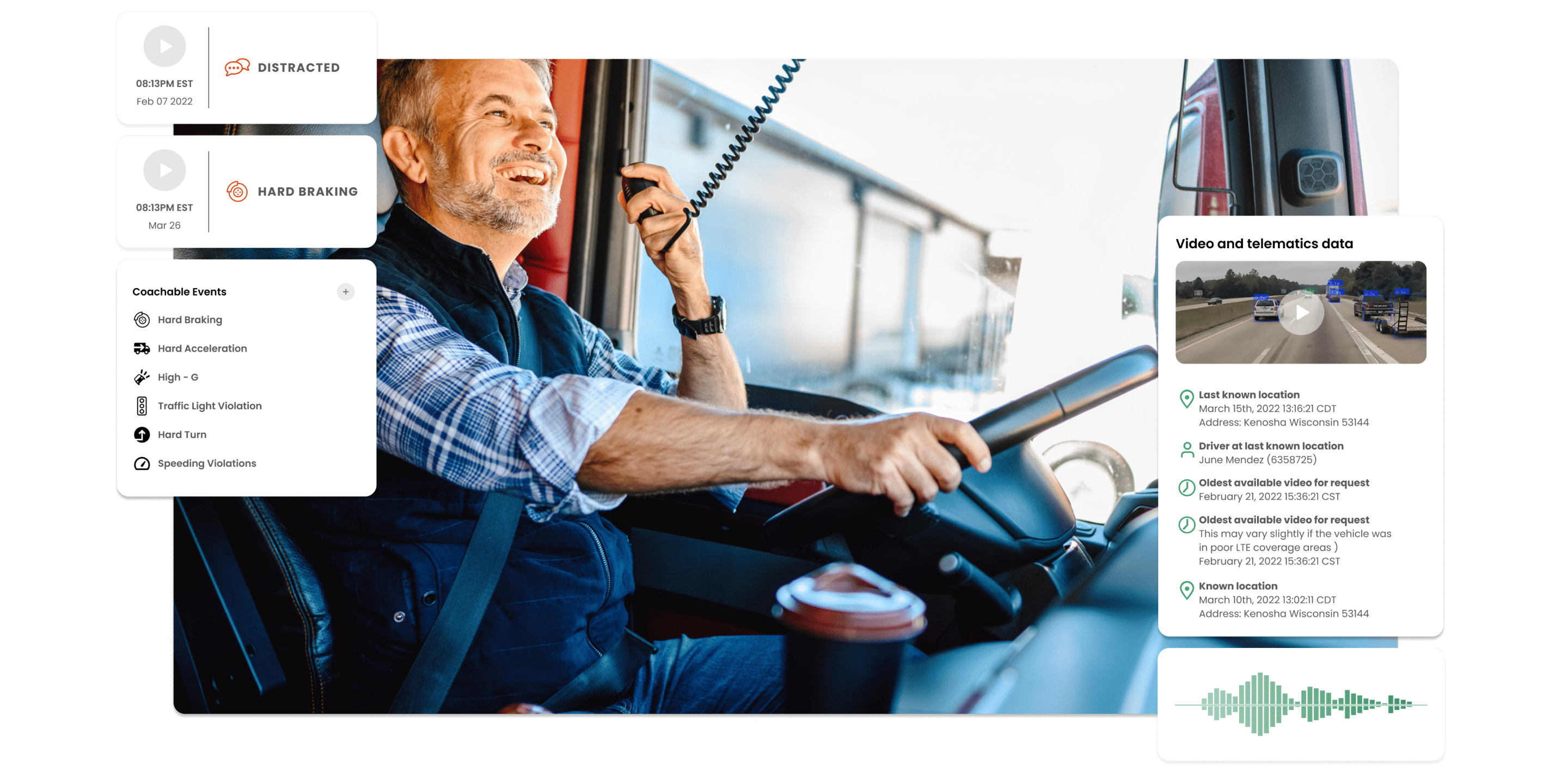 Middle aged white man laughing while talking into intercom system inside a commercial semi truck
