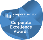 Organic blue shape award with Corporate vision logo labeled Corporate excellence awards