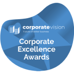 Organic blue shape award with Corporate vision logo labeled Corporate excellence awards
