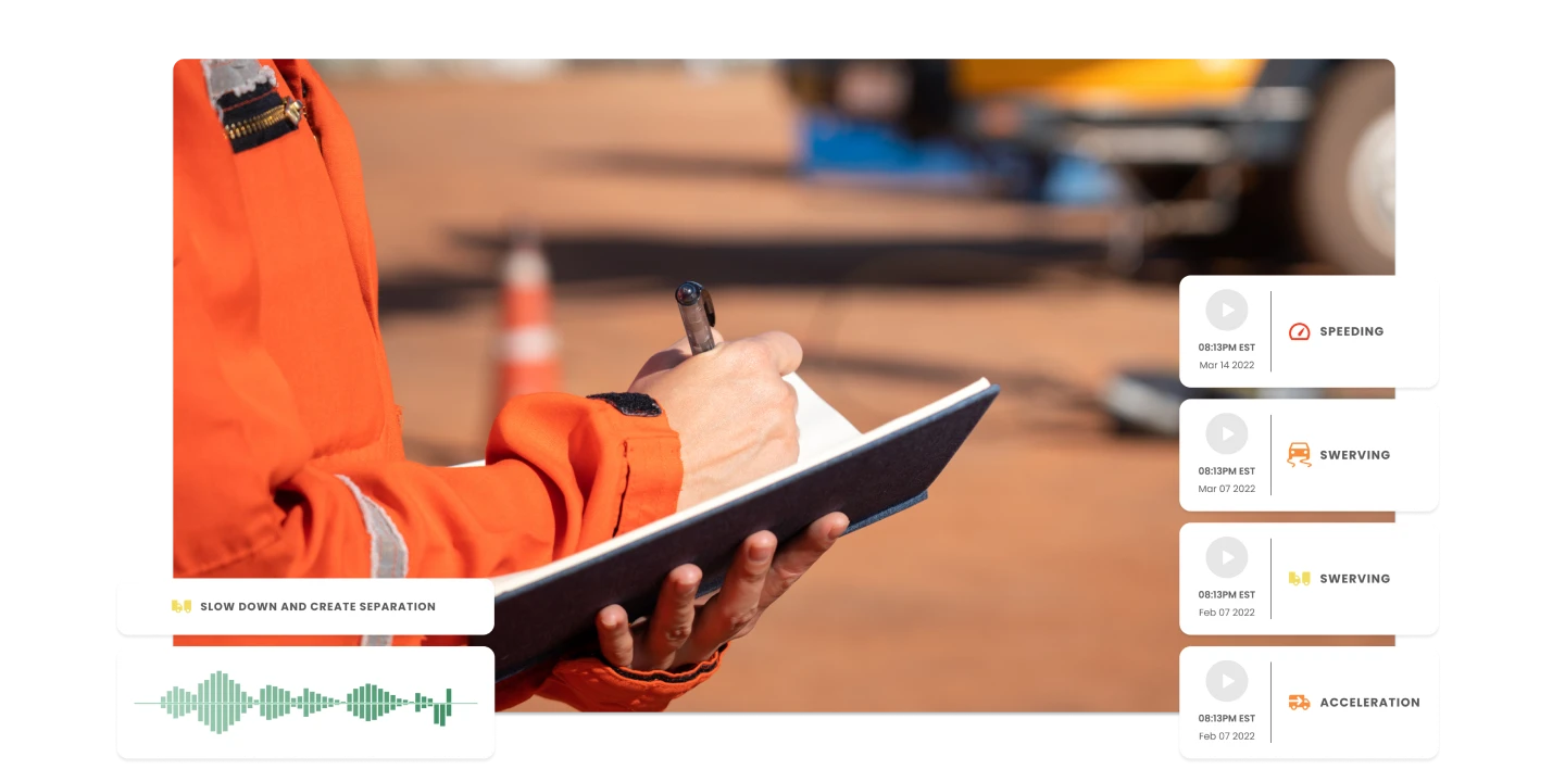 Man in orange construction worker outfit writing on a clipboard with a blurred background. Fleet compliance management solutions