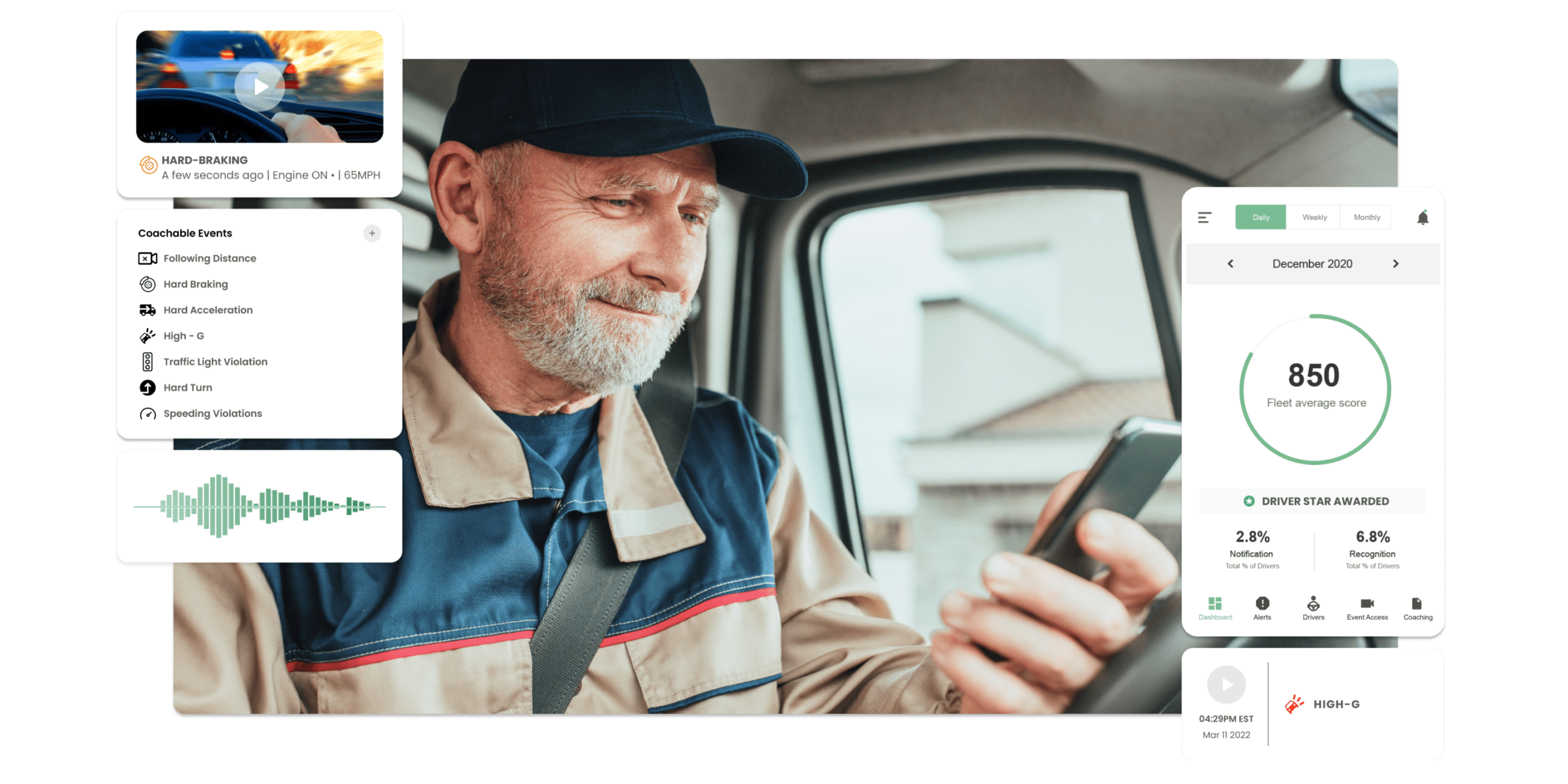 Older truck driver using a phone inside a semi. Get driver coaching insights using our Driver-i dash cam